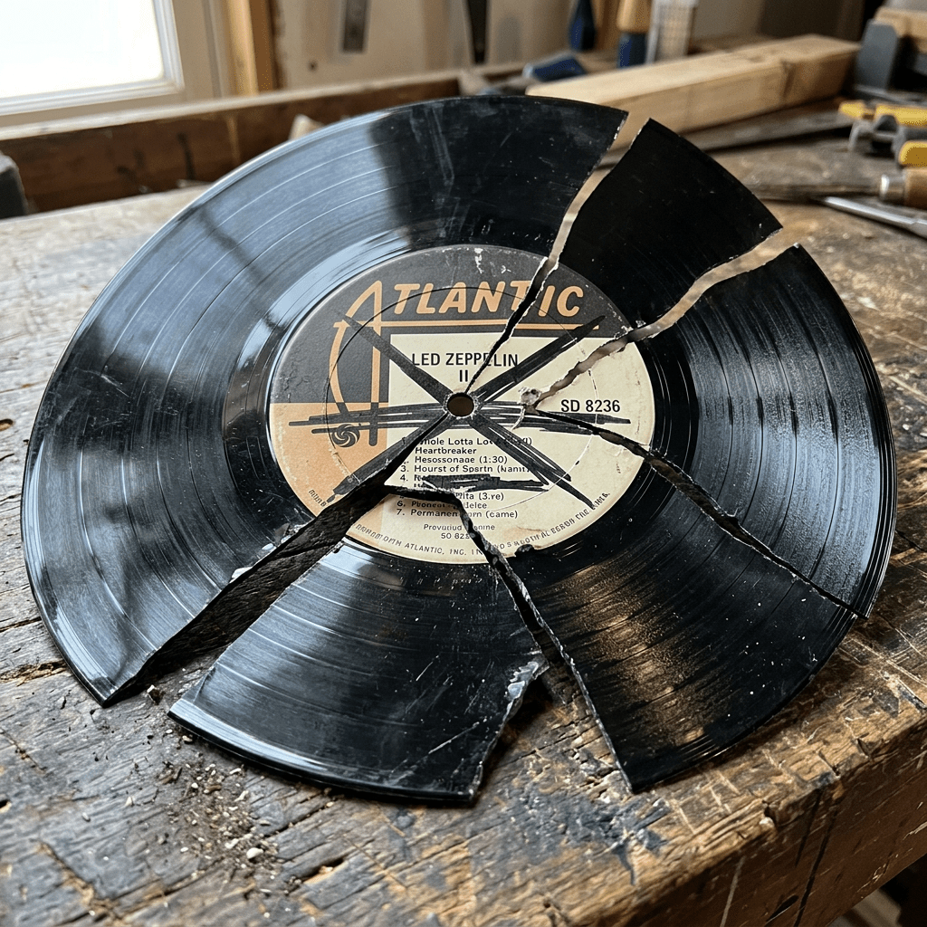 Shattered Led Zeppelin II vinyl record with visible cracks and breaks